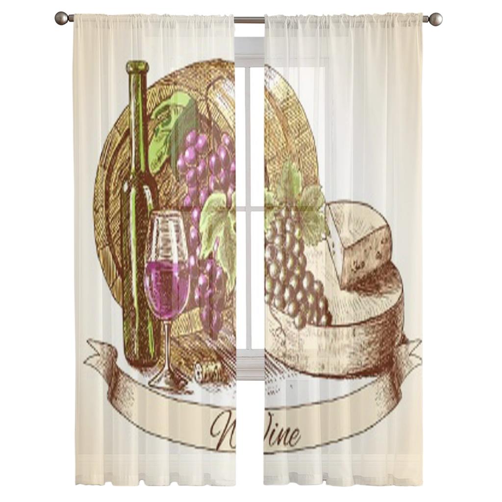 Farbige Wein Käse Und Brot Vintage Dekorative Tüll Transparente Vorhänge für Wohnzimmer Küchendekoration Voile Organza Vorhänge