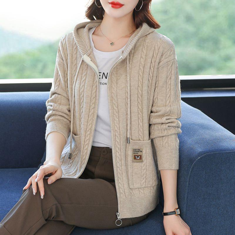 Twisted sweater jacket women's loose large size spring and autumn mother's hooded sweater with zipper on the outside knitted cardigan