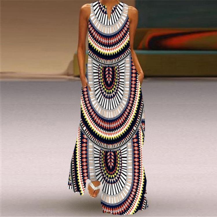 Sleeveless Summer Women's V-neck Dress with Digital Print and Pockets Size S-5XL Long