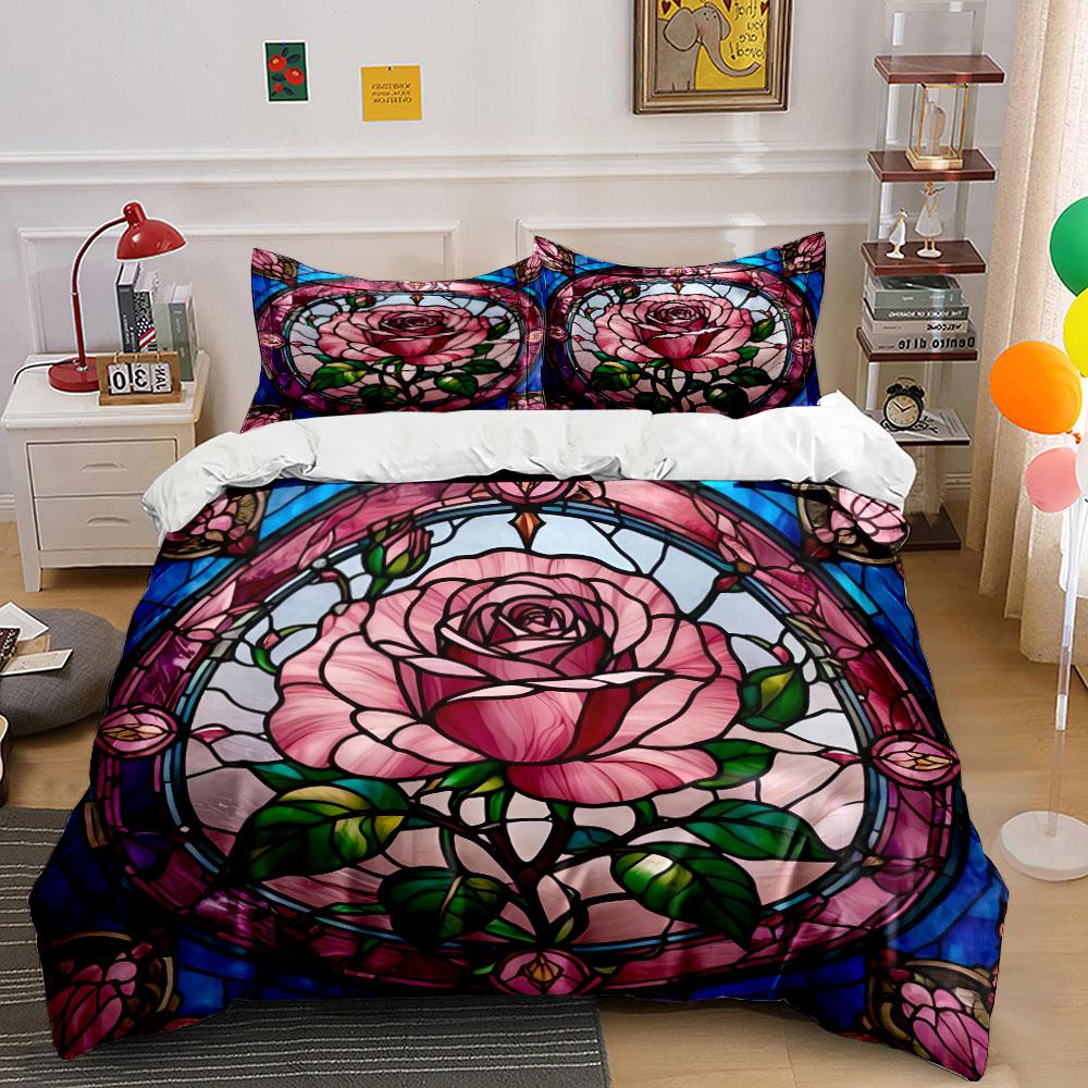 "Stained Glass Rose Decorative Set" Bedding Set with 1 Duvet Cover 2 Pillowcases Single Double King Queen, Gift