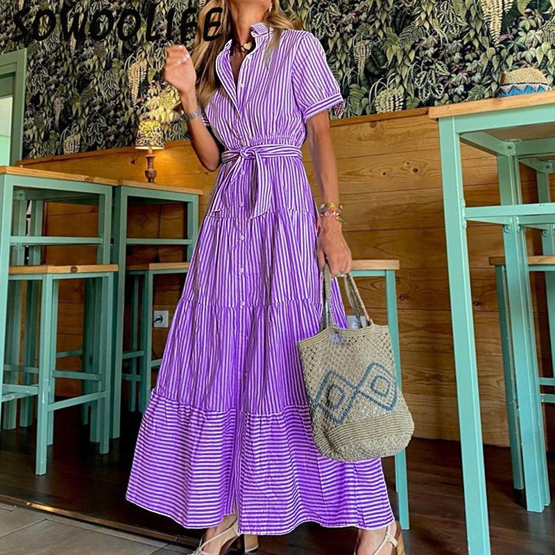 

2022 Новая мода Полосатое платье с короткими рукавами Свободное платье средней длины