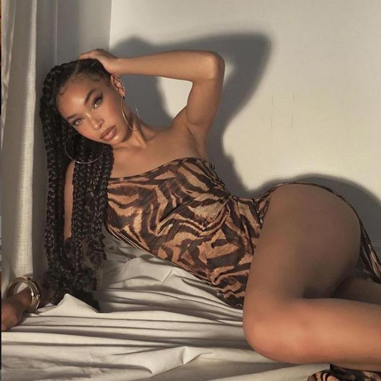 Sexy Women Summer Dress Spaghetti Strap Slash Neck Slim Tiger Print Khaki Split Side Lady Dress