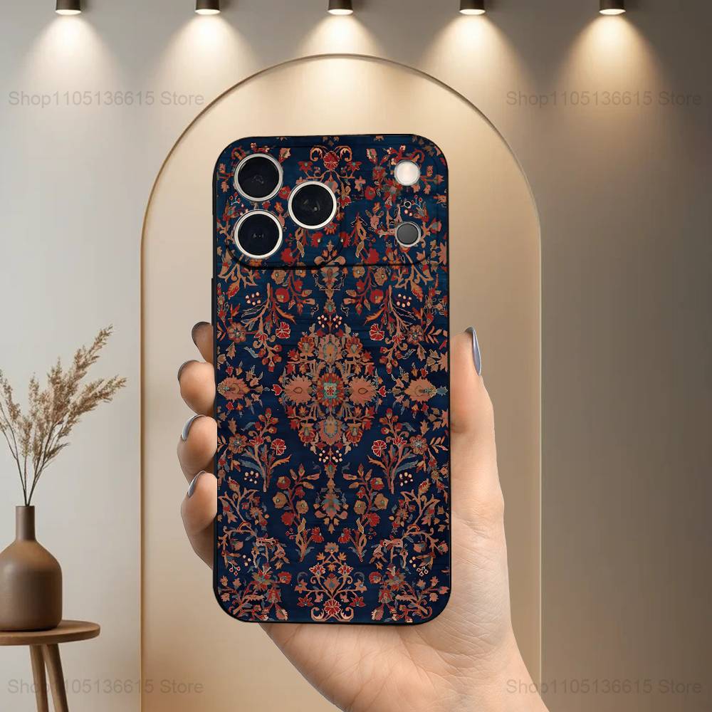 Persian Carpet Floral Pattern Case For iPhone 15,17,16,12,14,13,11,Plus,Pro Max,XS,X,Mini,8,7,XR,SE,Soft Silicone Black