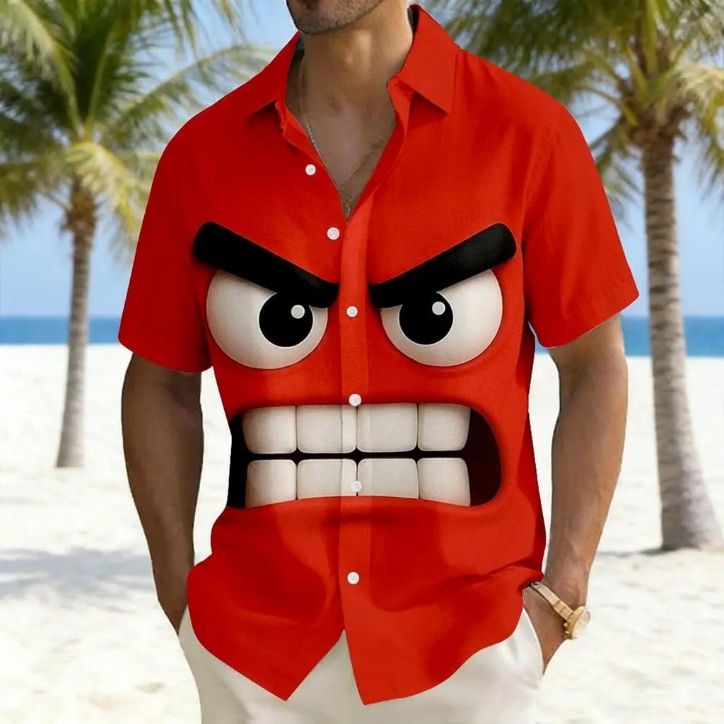 Cartoon Angry Expression Print Short Sleeve Shirt, Loose Comfortable Breathable Lapel Cardigan, Trendy Top for Vacation and Casual Wear