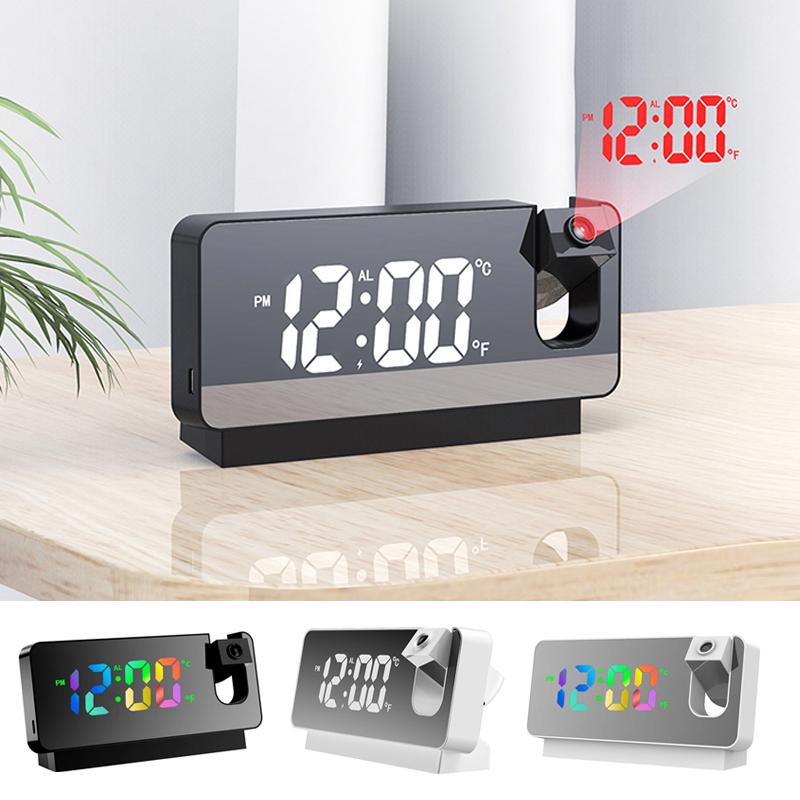 Multifunctional LED Digital Display Projection Alarm Clock 180° Rotation Time Projector Electronic Alarm USB Wake Up Desktop Clock Snooz Temperature
