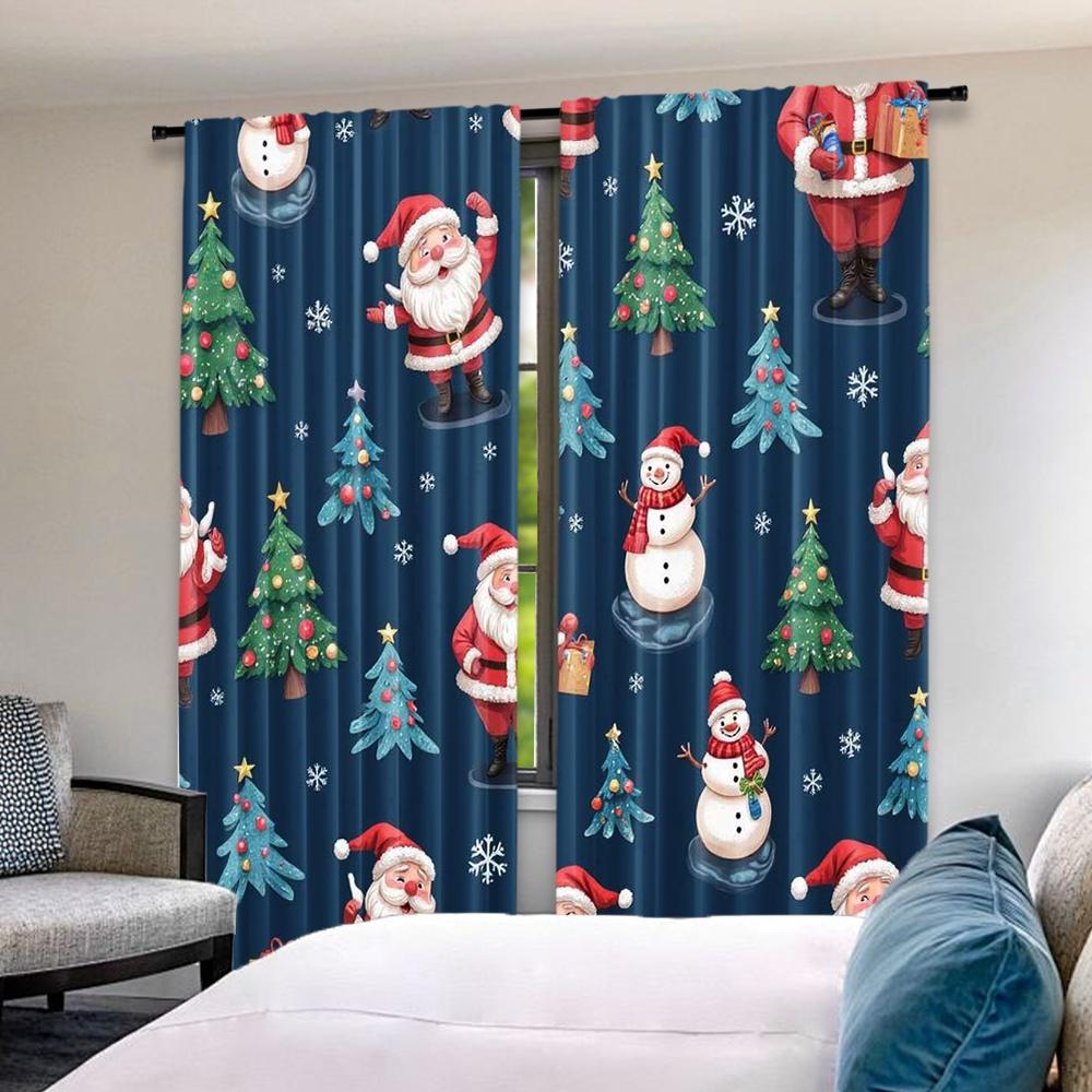 2pcs 2D flat printing Christmas Window Curtains Blue Cartoon Santa Claus Fabric Without Electricity Birthday Party Perfect for