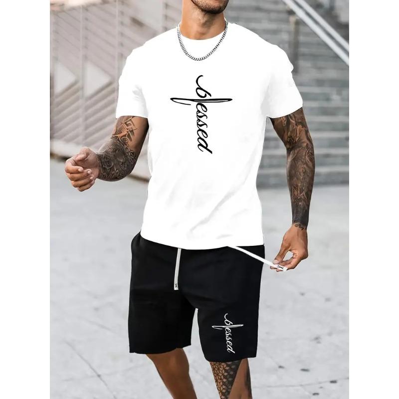 Solid Color Men s T-shirt Shorts 2-piece Set Breathable Short Sleeve Drawstring Waist Shorts Sports Suit Quick Drying T Shirts S