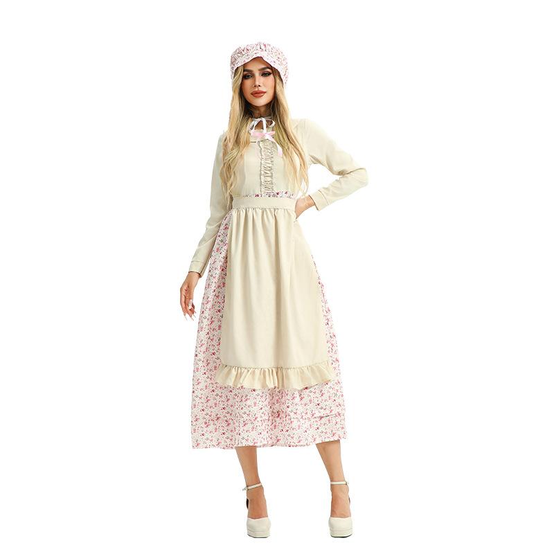 Adult Halloween Costume Dress, Floral Print, Three-Piece Set (Headscarf, Apron, Dress), Polyester, Sizes M-XL