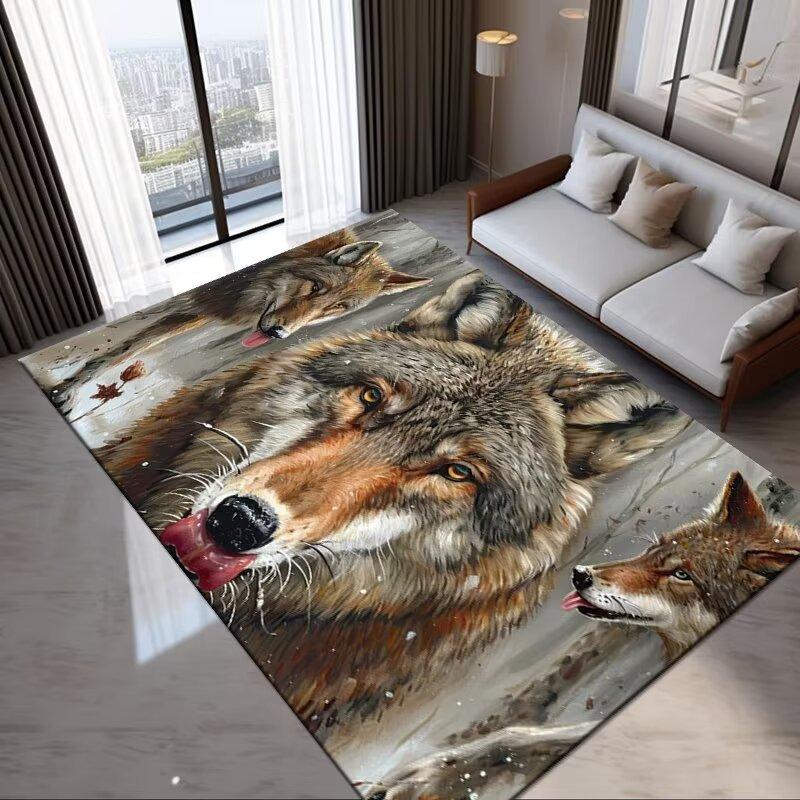 Braunbär und Wolf Wildtiermuster Teppich Weich und Rutschfest für Wohnzimmer Couchtisch Stuhl und Tischmatte