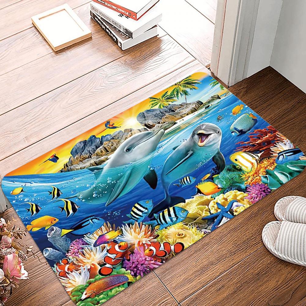 Romantic Sunset Ocean Door Mat with Dolphins and Coral Reefs Non-slip Entrance Rug for Home Decor Living Room Bedroom Decoration