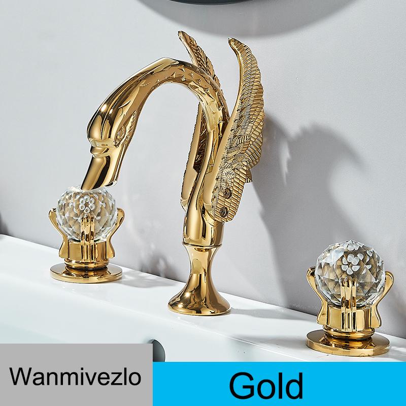 Wanmivezlo Gold Swan Basin Faucet Luxury Deck Mounted Dual Crystal Handle Bathroom Mixer Tap Cold and Hot Water Mixer Faucet