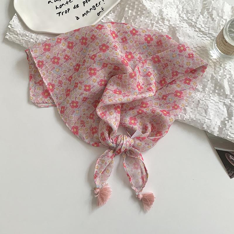 Women's silk scarf square scarf high-end neck protection scarf small fresh decorative floral headscarf hair band fringed hair accessories