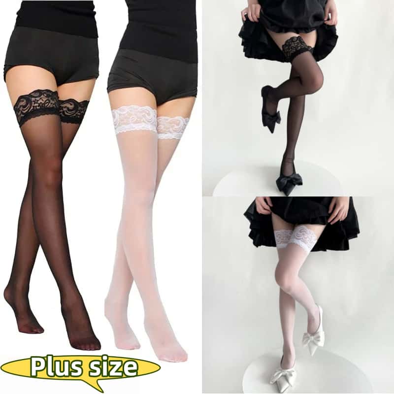 Fashion Woman Girls Lolita Ultra Thin Elastic Stockings with Non-slip Silicone Female Sexy High Over The Knee Gothic Stocking Hosiery Black Plus Size