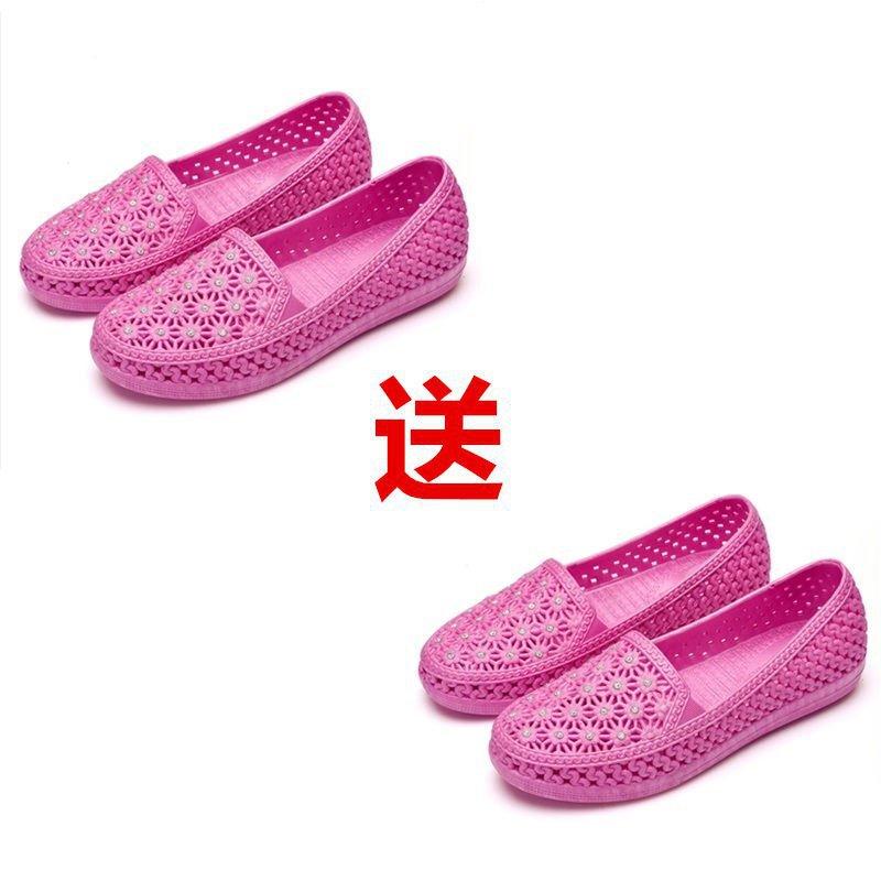 Buy One and Get One Free Summer PVC Hole Shoes Breathable Hollow Women's Shoes Soft-soled Mother Shoes Flat-soled Bag Head Beach Shoes