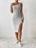 2024 Spring/Summer Sleeveless Slim Fit Dress: Solid Color, Large Hole Stripe Fabric with Slit Design for Women