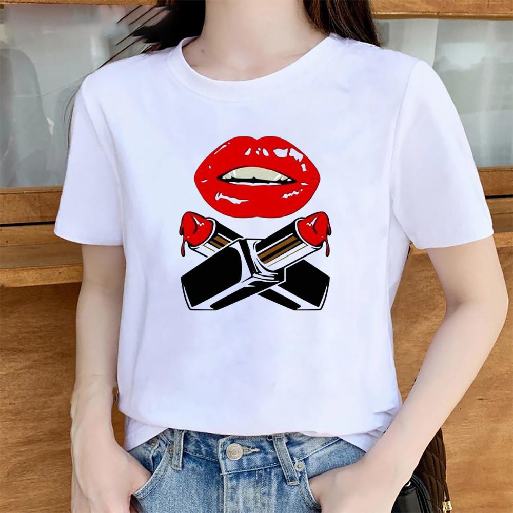 Summer Sexy Lip Print Short Sleeve Tshirt Womens Fashion Graphic Top High Street Slim Fit Modal Fabric