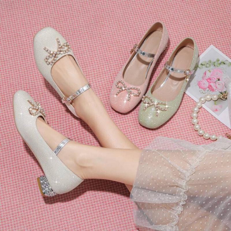 New British girls' student shoes rhinestone non-slip soft-soled buckle girls' princess shoes medium and older children's shoes children's single shoes
