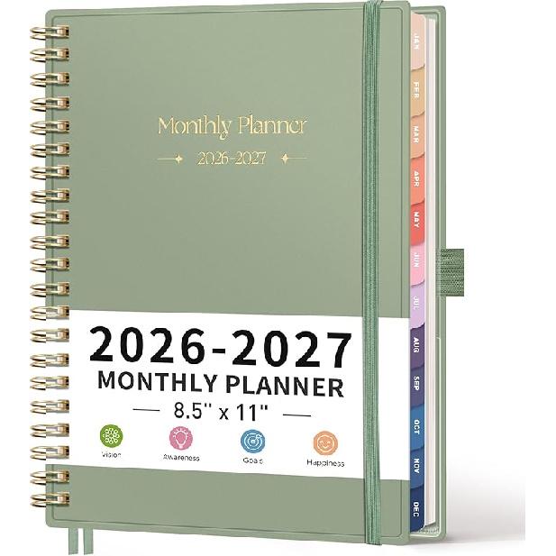 RETTACY 2026-2027 Monthly Planner, Jan 2026 - Dec 2027, Large Size (8.5" x 11"), Agenda, Calendar, 24 Month Tabs, Flexible Plastic Cover, 100 GSM