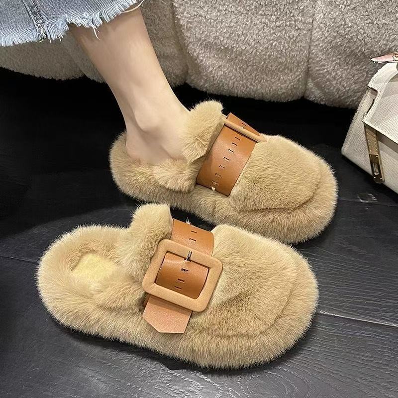 Niche design thick-soled fluffy slippers women wear autumn and winter new high-end bag head half-tray cotton shoes