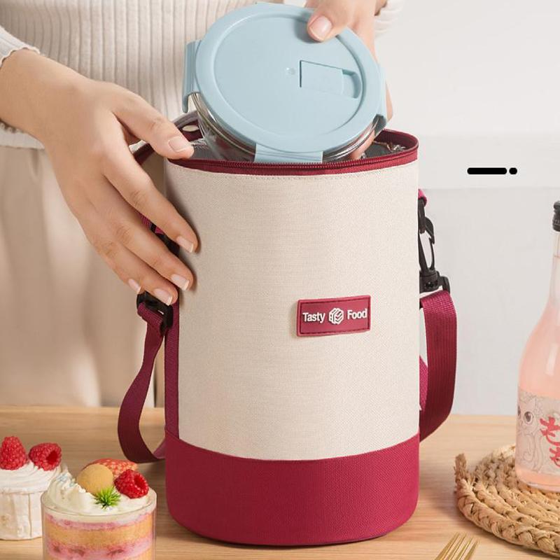 Sac de prânz portabil de mare capacitate, cutie de prânz izolată, cilindric, proaspăt, cutie rotundă din folie de aluminiu, geantă termică pentru alimente.