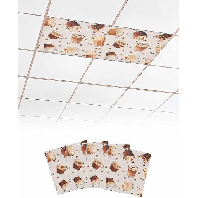 Coffee Themed Fluorescent Light Covers for Ceiling Lights 4x2 feet,4 Pack Magnetic Light Filters for Classroom,Coffee Beans Cappuccino Rustic