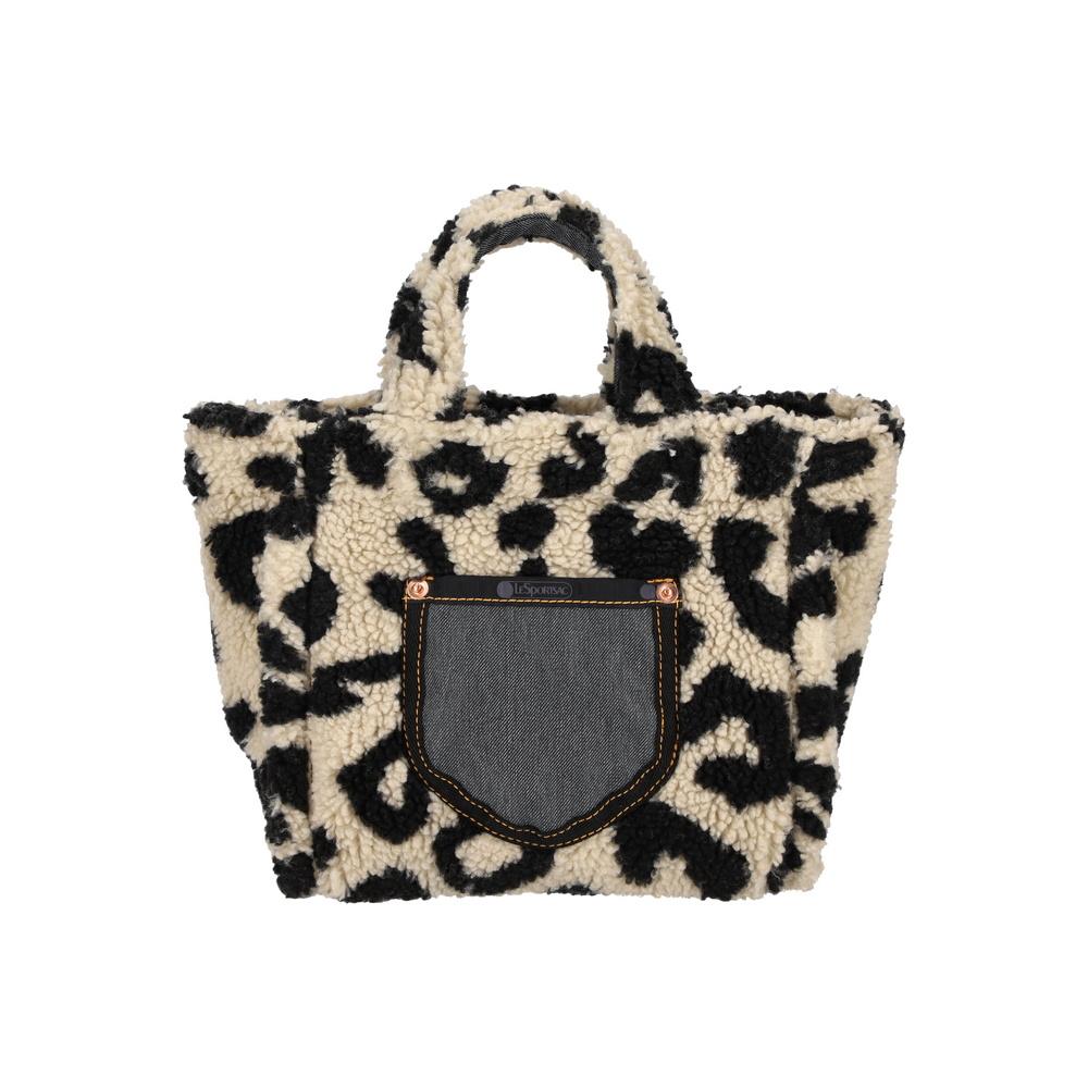 Lesportsac Black Denim/Leopard Sherpa Small Two-Way Denim Tote Bag [1559.La80]