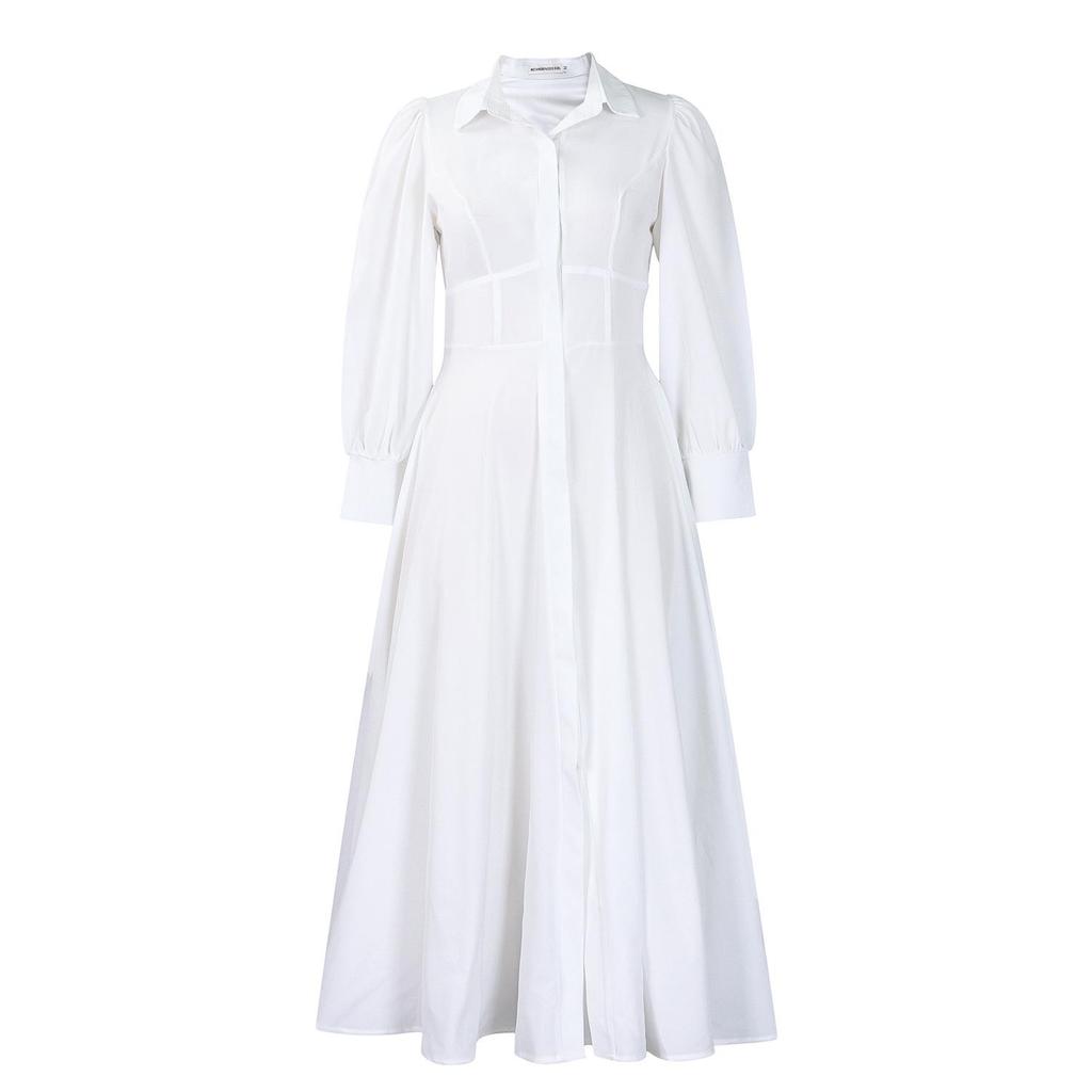 D570 Elegant Women's Long Sleeve Swing Shirt Dress, Solid Color Mid-Length African Style