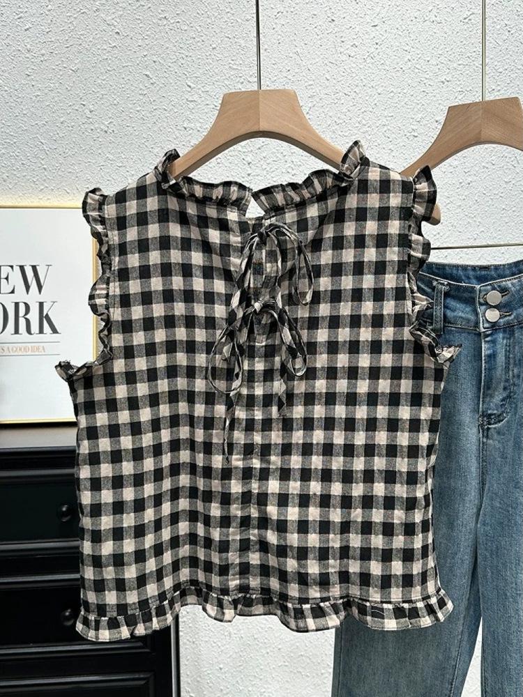 Women's French Retro Plaid Sleeveless Top - Summer Fashion with Ruffled Hem and Tie-Up Open Back