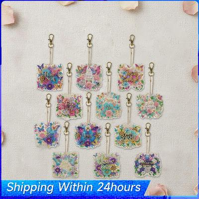 12 Stück 2D Flach DIY Diamantmalerei Schlüsselanhänger Doppelseitig Kleine Kristallmalerei Schlüsselanhänger für Tasche Anhänger Heimdekoration