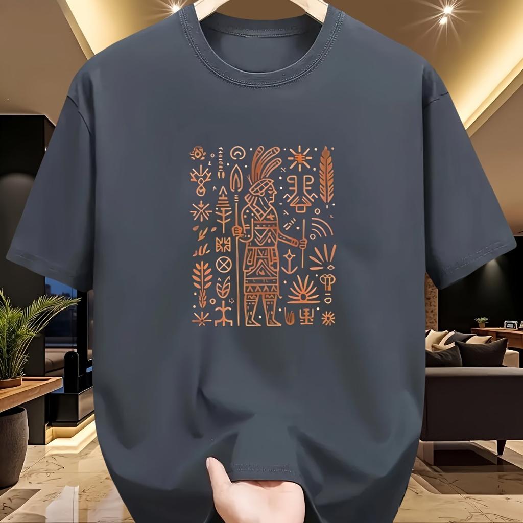 Men Cotton T-Shirt Casual Versatile Base Layer Tee Comfortable Sporty Top with Intricate Tribal Print Design Men Clothing
