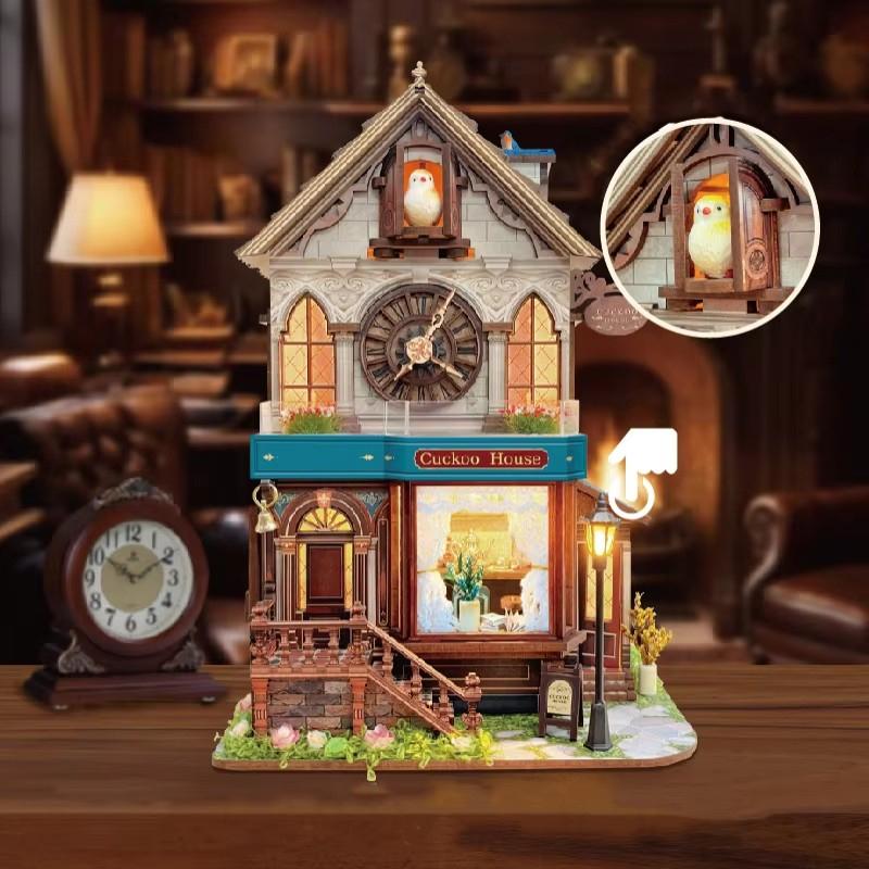 Retro Cuckoo House DIY Wooden House Cottage Figurines Miniatures Kits With LED Lights Home Decoration For Adult Handmade Gifts