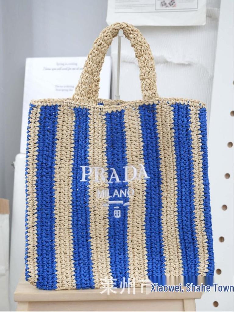 Striped Handmade Straw Tote with Letter Embroidery - Casual Beach Travel Bag