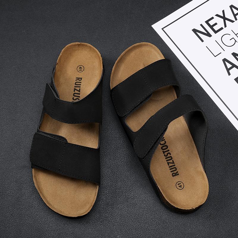 2024 New Summer Men's Cork Slippers Casual Beach Double Buckle Anti Slip Outer Matte Leather Casual Slippers Size 39-45