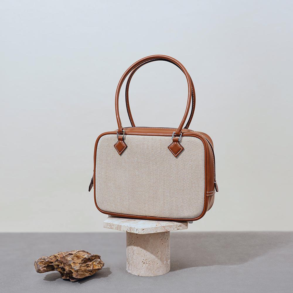 Bolso Vintage Medieval con Patchwork de Lona, Bolso de Plumas Retro Nicho, Sensación Simple y de Alta Gama, Bolso de Mano de Cuero Genuino para Mujer