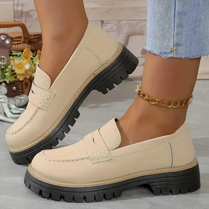 Fashion Woman Spring Autumn New British Style Flats Comfortable Low Heel Slip on Shoes Ladies Solid Color Platform Loafers Shoes