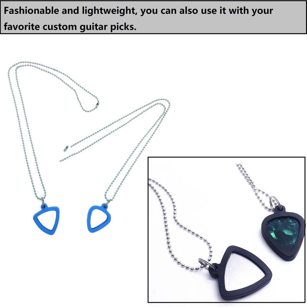 TUOREN Zestaw uchwytów na kostki gitarowe z miejscem na 3 kostki ze stali nierdzewnej i 3 kolorowe celuloidowe, idealny do gitary elektrycznej i ukulele, niebieski naszyjnik, 2 kostki,