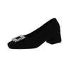 Block Heel Single Shoes Women's Square Toe Suede Crystal Buckle Anti-slip Wear-resistant Kitten Heels