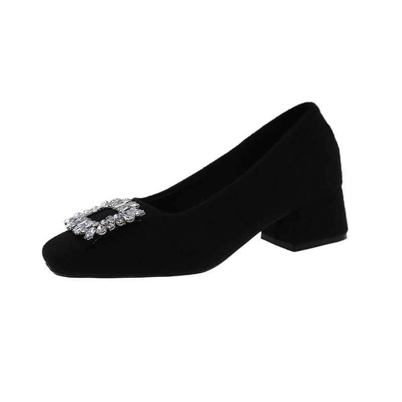 Block Heel Single Shoes Women's Square Toe Suede Crystal Buckle Anti-slip Wear-resistant Kitten Heels