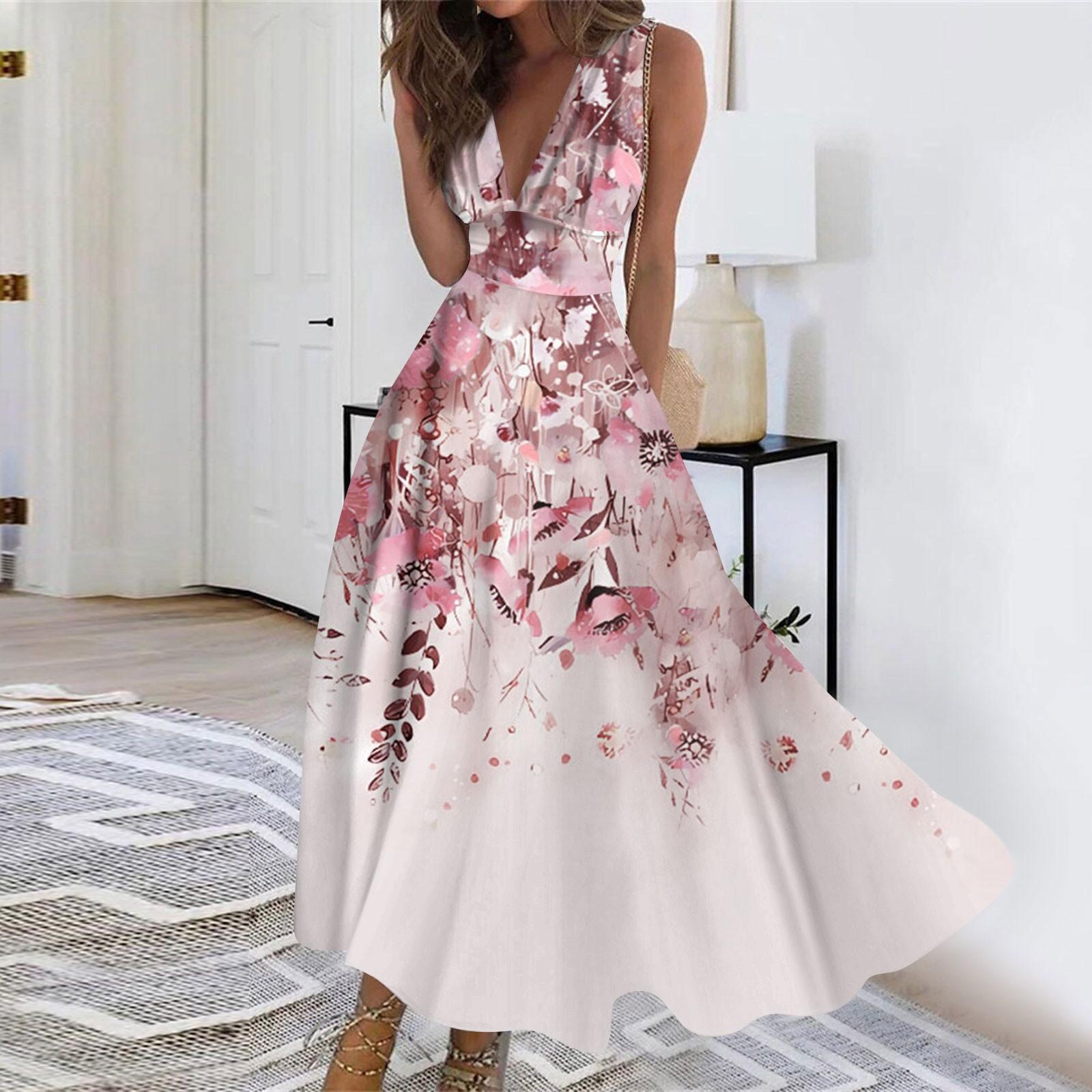 

Women s Long Dress Maxi Dress Casual Dress Summer Casual Sleeveless V Neck Boho Waist Retro Printed Dress XXXL