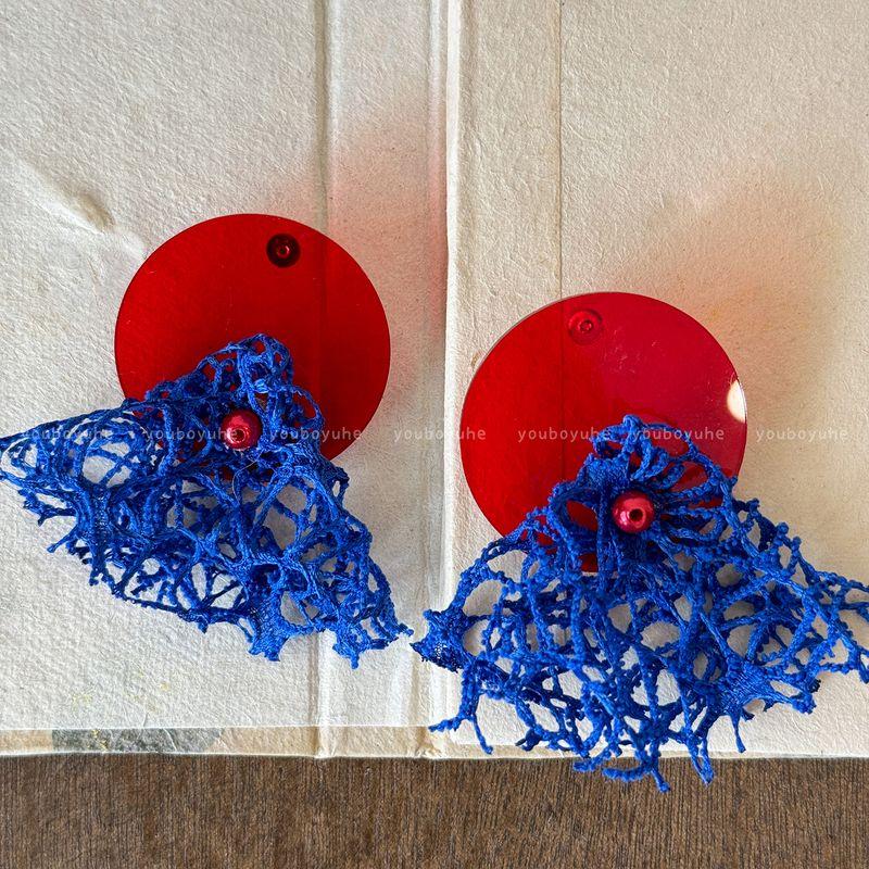 

Summer Red and Blue Together Tassel Earrings for Women 2025 Summer New Arrival High-Profile Earrings Seaside Vacation Photo Earrings Red and blue Contrast Color earrings-Silver Needle