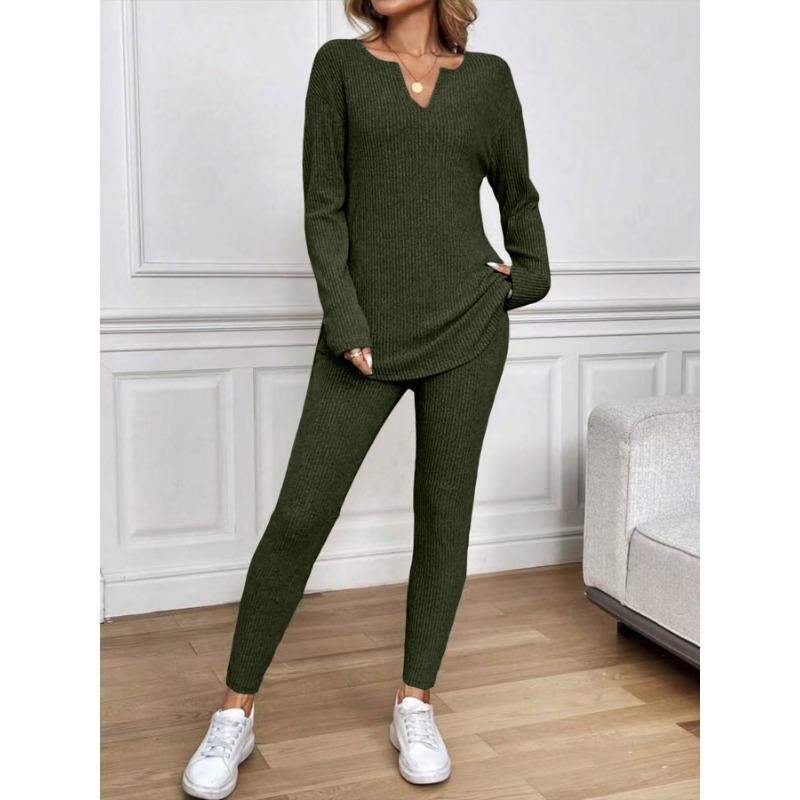 Women V Neck Long Sleeve Thin Casual Two Piece Loungewear Set With Long Pants
