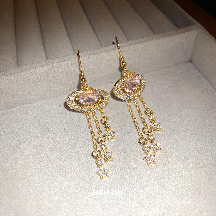 Diamond-set star fringed ear hook women's retro court style fashion earrings light luxury high-end earrings design sense niche