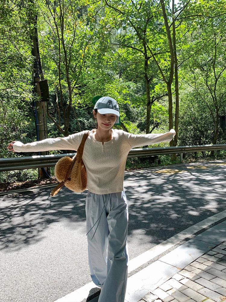 Women's Spring 2025 Floral U-Neck Button Puff Sleeve Pure Cotton Long Sleeve Top