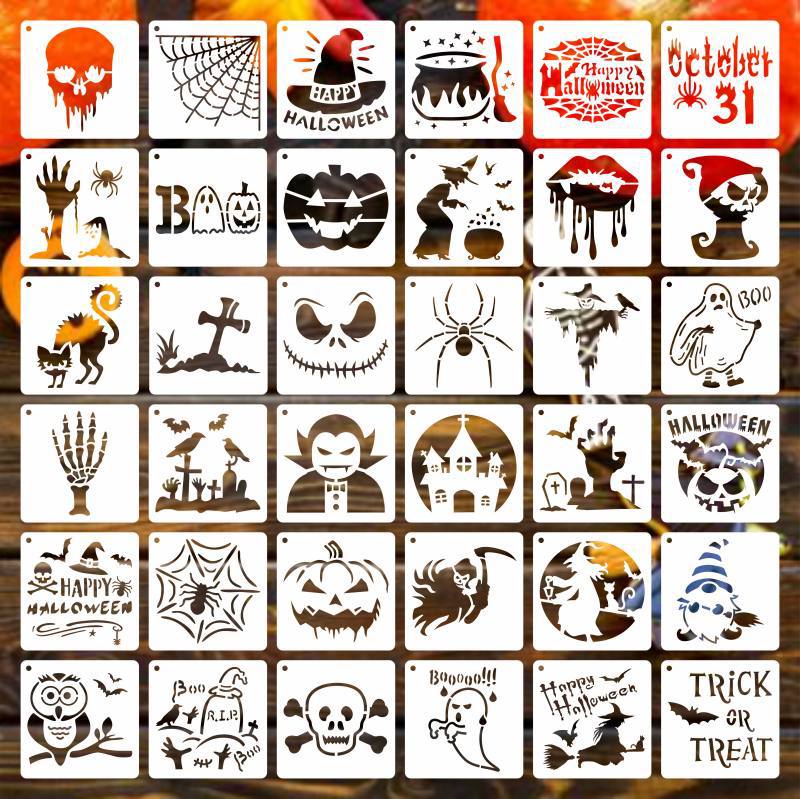 20 Pcs Halloween Stencils Set Reusable Plastic Drawing Spraying Templates for Greeting Cards for Halloween Crafts DIY Decoration