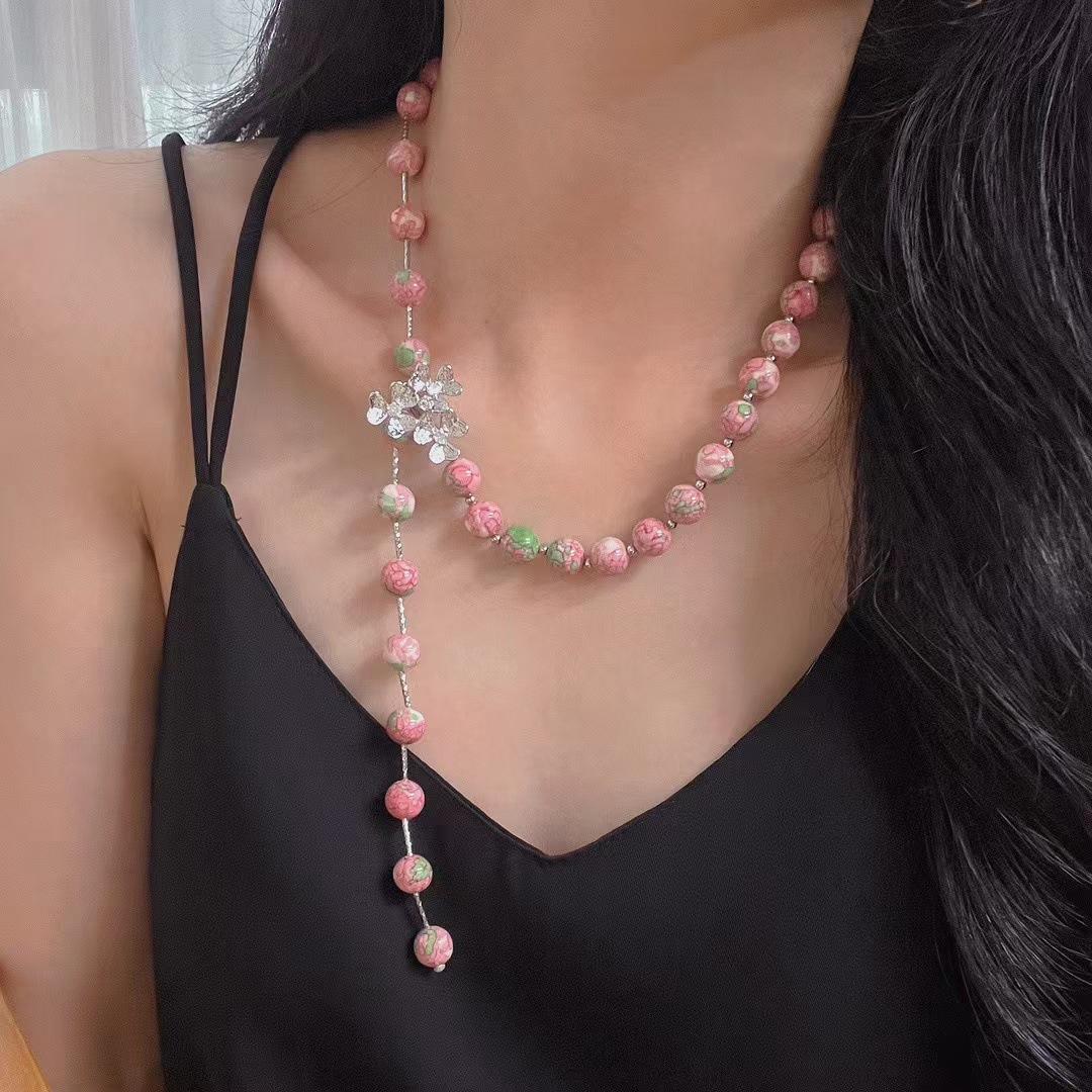 

Retro National Style, Retro Pink And Green Glazed Ceramics, A Variety Of Wearing Necklaces, Personalized Beaded Collarbone Chains