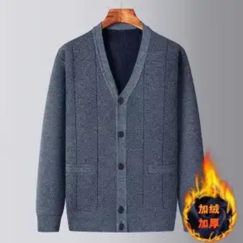 Thick Velvet Autumn Winter Cardigan Men Middle-aged Elderly Knitted Warm Top Sweater Jacket