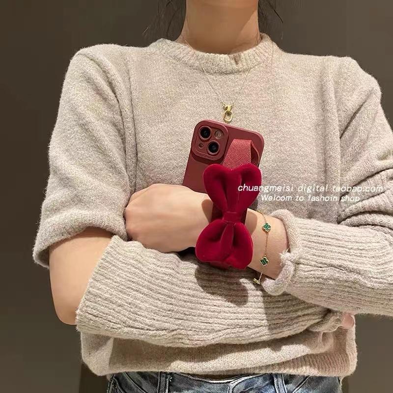 Burgundy Plush Bow Wristband Apple 11Pro Mobile Phone Case 11 Luxury 11 Crossbody iPhone11Pro All Inclusive