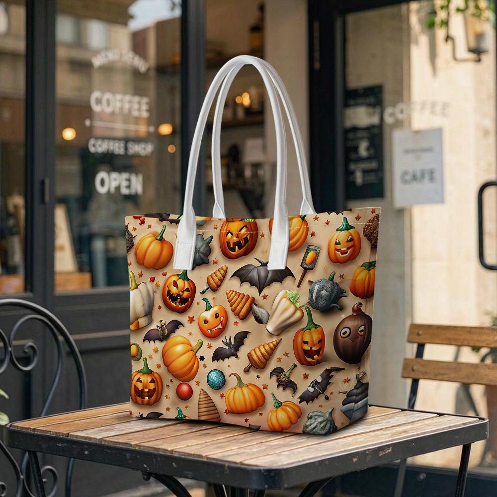 Halloween Pattern Tote Bag Fashion Pumpkin Bat Print Shoulder Bag Holiday Casual Portable Daily Handbag
