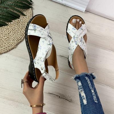 Women's Summer Bohemian Sandals Ethnic Style Flat Beach Sandals Round Toe Comfortable PU Velcro Large Size