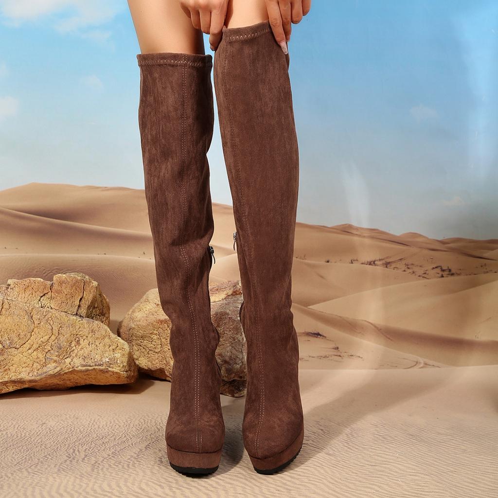 Damen Overknee Stiefel Wildleder High Heels Herbst Winter Neu Plateau Keilabsatz Chelsea Boots Damen Chunky Stiefel